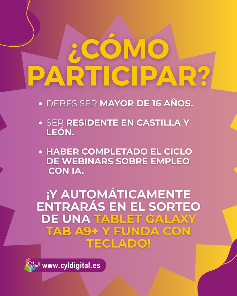 🚀 ¡Aprende y gana con CyL Digital!

Si tienes +16, vives en CyL y completas el ciclo de webinars sobre Empleo con IA 👉 ¡sorteo de una Galaxy Tab A9+ con funda y teclado! 🎉📱

¿Te apuntas? 😉 t.mtrbio.com/empleoconia

#CyLDigital #Sorteo