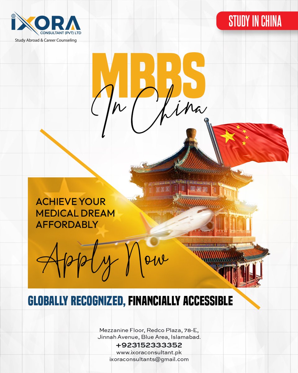 ixoraPK's tweet image. MBBS in China
Achieve Your Medical Dream Affordably
Globally  Recognized, Financially Accessible

To   Learn More, Get in Touch
📞 Call us: +92 315 2333352
📧 Email:   ixoraconsultants@gmail.com
🌐 Website: ixoraconsultant.pk

#StudyDreams  #Ixora #YourFutureStartsHere