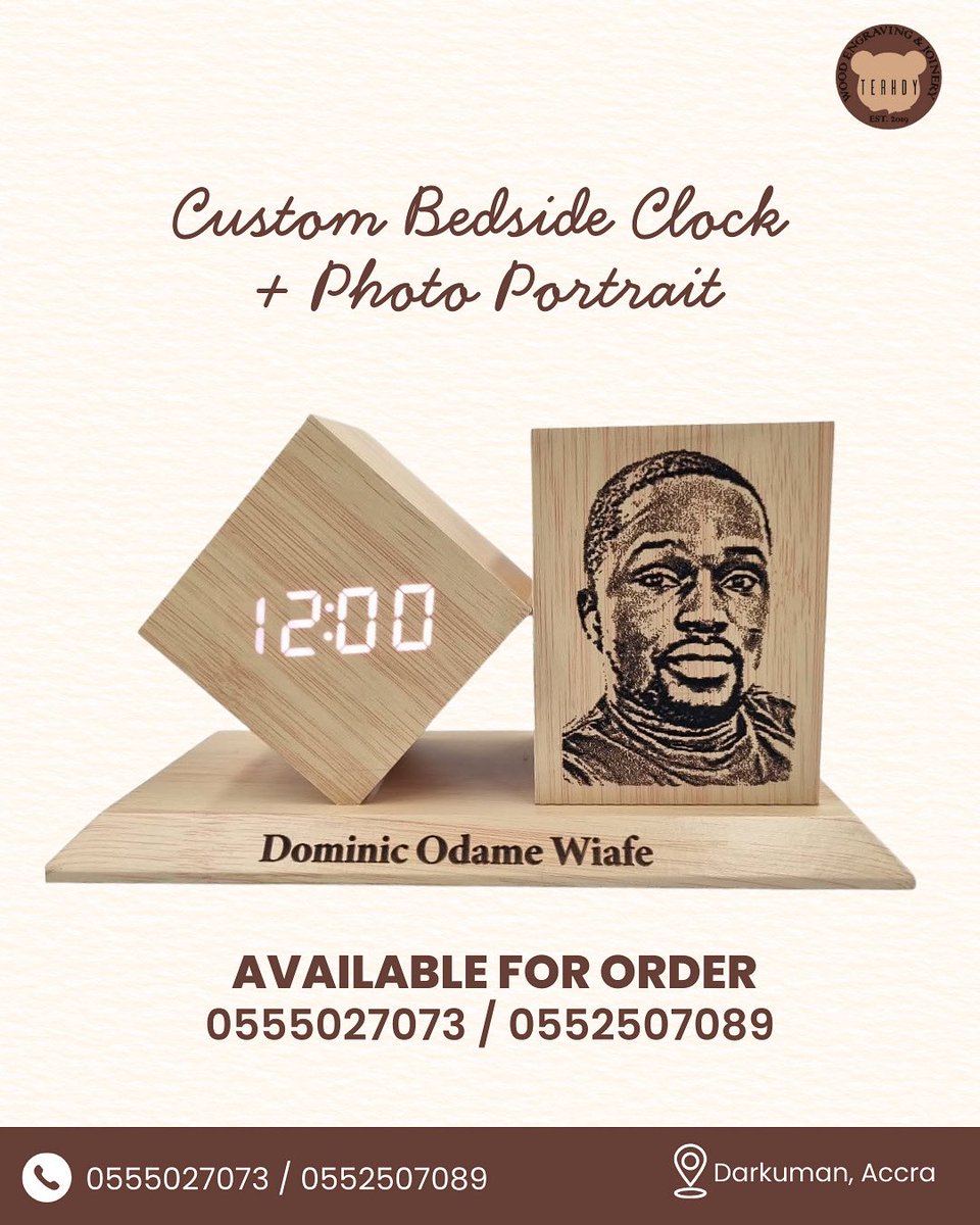 Transform your memories into timeless keepsakes. ❤️

Our custom bedside clock with engraved photo portrait is the perfect blend of function and personalization. 

📞 Place your order today at 0555027073 / 0552507089.