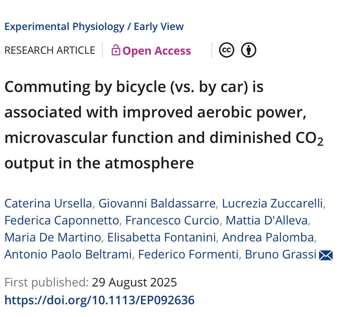 Bike commuters are fitter than car commuters (and they emit less CO2…) 🚴🏻

In this study comparing people who rode a bike to work vs. a car, bike commuters had:

- higher VO2peak (33.7 vs. 25.3 mL/kG/min
- higher ventilatory thresholds
- enhanced skeletal muscle blood flow and