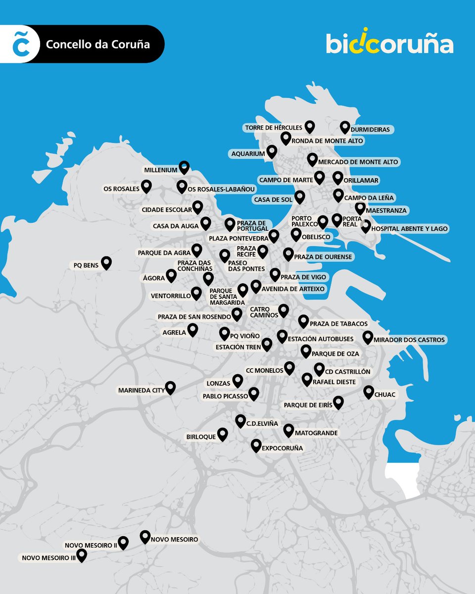 🗺 A Coruña segue avanzando cara a unha mobilidade máis sostible e accesible, contando a día de hoxe con máis de 50 estacións.

➡️ Consulta en tempo real dispoñibilidade de bicis 🚲 e ancoraxes no mapa da web 👉 bicicoruna.gal ou na app do servizo.