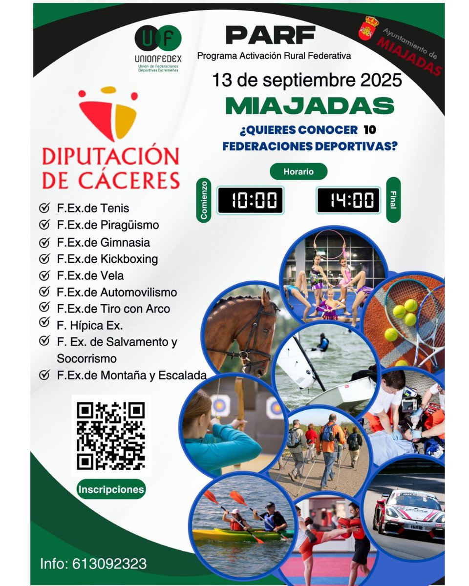 Miajadas se convierte este fin de semana en el epicentro del deporte rural con el Programa de Activación Rural Federativa 

📅Sábado 13 de septiembre  
⌚️De 10 a 14 h  
 
Organizado  por UNIONFEDEX y financiado por la Diputación de Cáceres

Inscripciones abiertas: 613 09 23 23