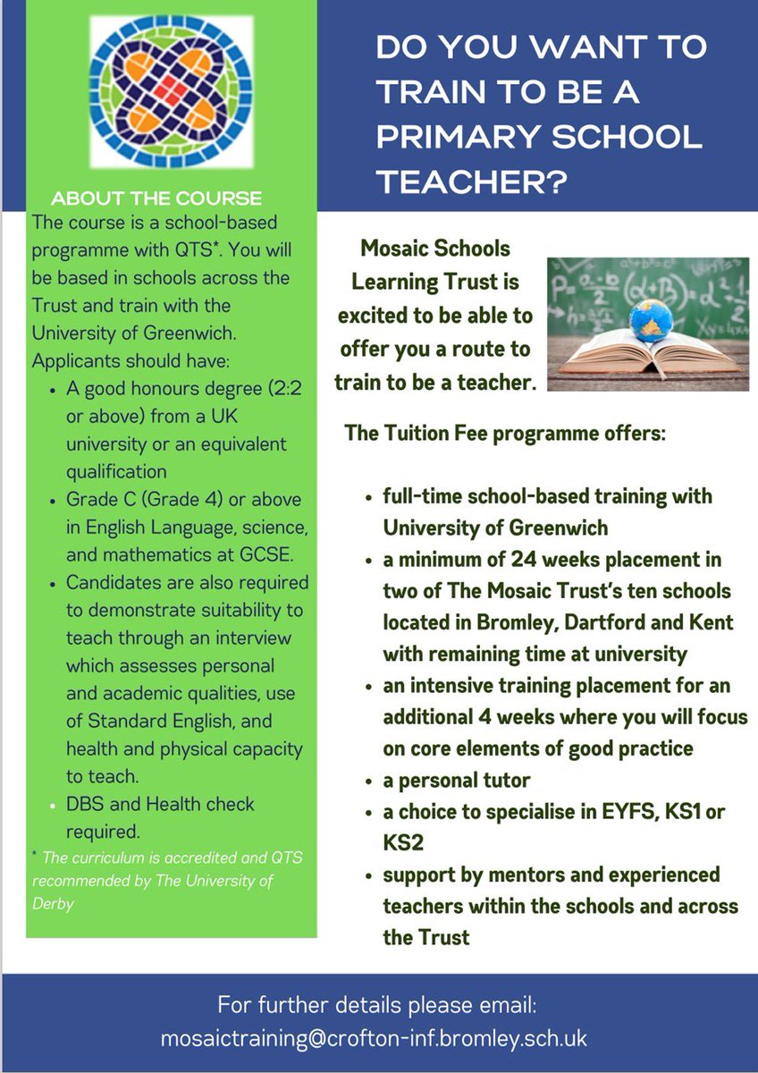 Do you want to train to be a Primary School Teacher? 

Mosaic Schools Learning Trust is excited to be able to offer you a route to train to be a teacher. 

For further details please email:
mosaictraining@crofton-inf.bromley.sch.uk