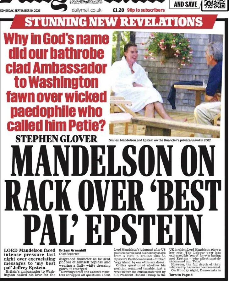 AnnJohn30914404's tweet image. NOW they out Mandelson/Epstein after we whanged on for year &amp;amp; tore our hair over him  being made a diplomat! Pics of the BFFs on front pages with Mandy in a bathrobe with whom Epstein brokered a £1B deal  over the sale of a UK taxpayer-owned banking business. Diversion from Trump