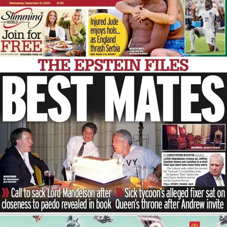 AnnJohn30914404's tweet image. NOW they out Mandelson/Epstein after we whanged on for year &amp;amp; tore our hair over him  being made a diplomat! Pics of the BFFs on front pages with Mandy in a bathrobe with whom Epstein brokered a £1B deal  over the sale of a UK taxpayer-owned banking business. Diversion from Trump