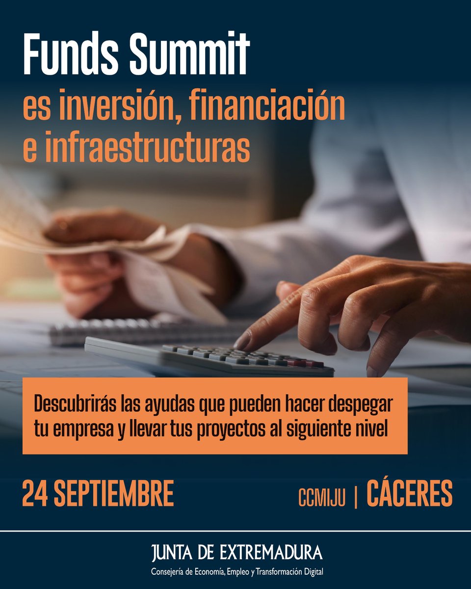 Impulsar el crecimiento de tu empresa o tu proyecto en Extremadura ¡es #MásFácil y #MásRápido con Funds Summit!

El próximo 24 de septiembre, en el <a href="/ccmijesususon/">CCMIJU - JUMISC</a> (Cáceres), tienes una cita en este punto de encuentro organizado por <a href="/empresa_EXT/">Extremadura Empresarial</a>. 

Descubre en un solo día todas