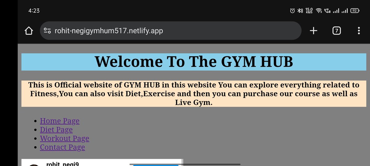 SUMIT_DEVELOPER's tweet image. 🚀Just dropped my project GymHub🏋️‍♂️— built using pure HTML only💻✨.
No CSS, no JS. Just raw structure, clean code, and fitness vibes💪
 Web link 🔗:- rohit-negigymhum517.netlify.app

@rohit_negi9
Isey maine phone me kra hai,Mujhe pta hai ye achha nhi hai. #WebDevelopment #HTMLProject