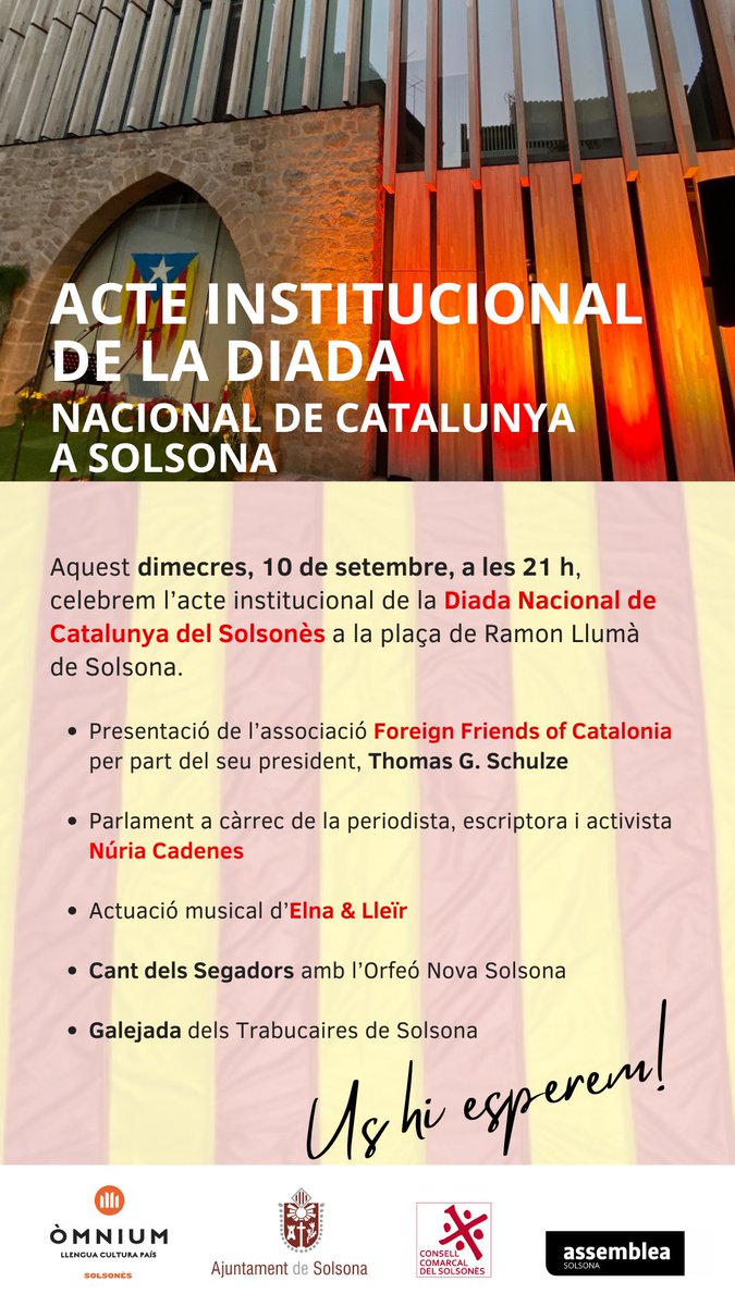 El #Solsonès commemora avui a #Solsona l'acte institucional de la #Diada2025 amb la periodista, escriptora i activista <a href="/ncadenes/">núria cadenes</a> i el <a href="/Prof_TGSchulze/">Prof. Thomas G. Schulze 🎗INDEPENDENT Libertarian</a>, president de <a href="/Foreign_Cat/">Foreign Friends of Catalonia🎗</a>. 

Us hi esperem!