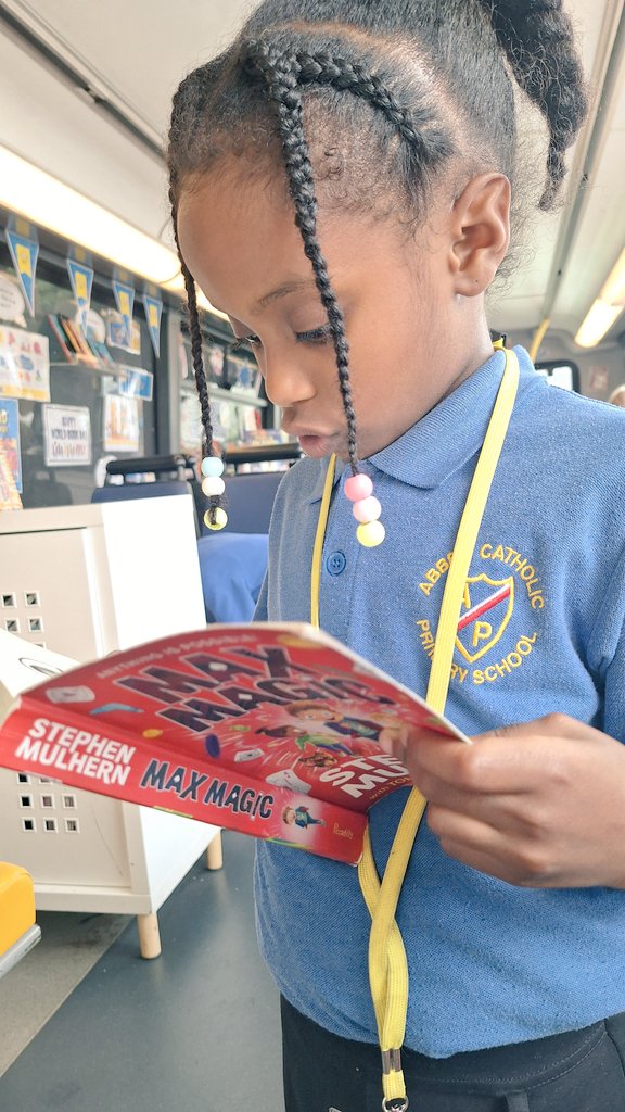AbbeyPrimary's tweet photo. A, was excited to find this book by @StephenMulhern on the #bookbus at lunchtime time. She said she loved the message from him on the first page! Happy reading! We hope you enjoy this adventure with Max! 📚🤗🪄 #reading #Y2 #MaxMagic @piccadillypress #readingforpleasure https://t.co/3oSmJDoSA6