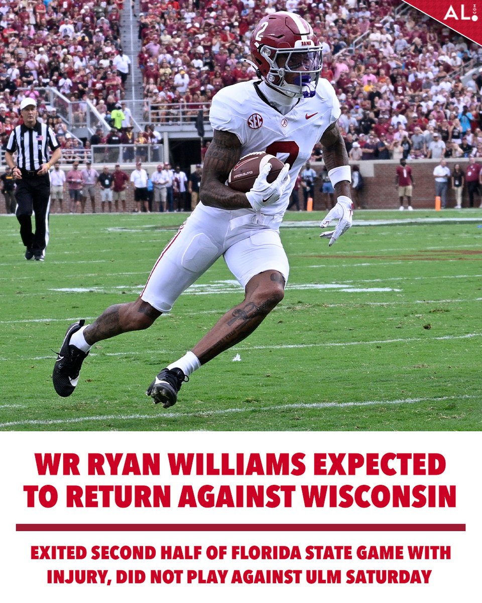 Alabama wide receiver Ryan Williams is expected to play against Wisconsin.

Williams exited the Tide's week 1 matchup against Florida State and missed Saturday's game against ULM.

FULL STORY: al.com/alabamafootbal…