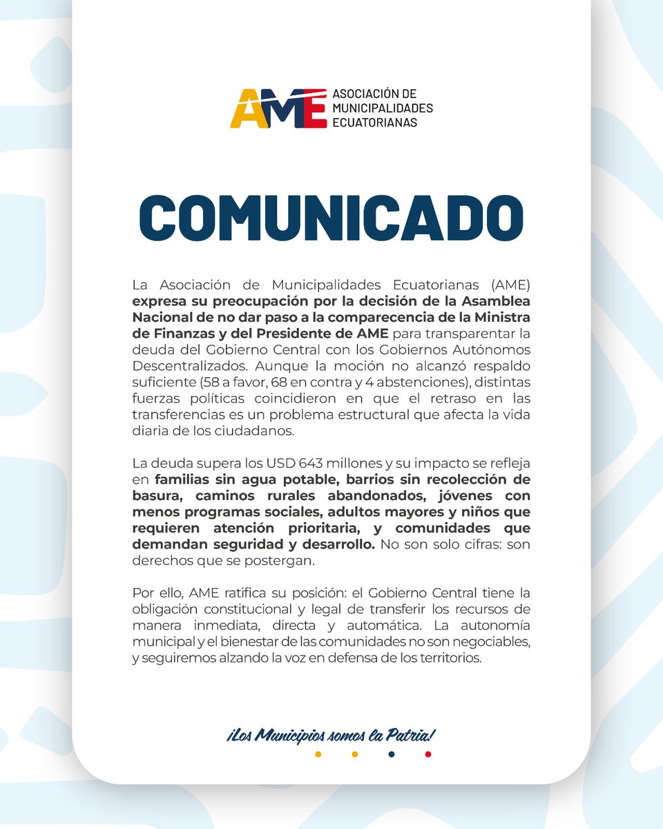 AMEcuador's tweet photo. #Comunicado 📢 La deuda con los municipios afecta a miles de familias en todo el país.

 #AME seguirá defendiendo la autonomía y el bienestar de cada territorio.

#MunicipiosUnidos 
#AutonomíaMunicipalYa https://t.co/2e4D39FaOi