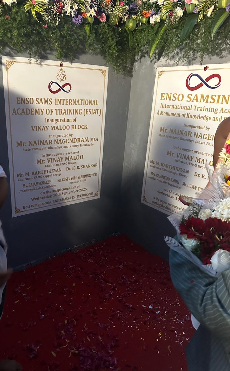 🌟 A Proud Milestone for ENSO 🌟

We are delighted to announce the inauguration of the Vinay Maloo Block at the Enso SAMS International Academy of Training (ESIAT) on this auspicious day, 10th September 2025.

The ceremony was graced by:
✨ Mr. Nainar Nagendran, MLA – State