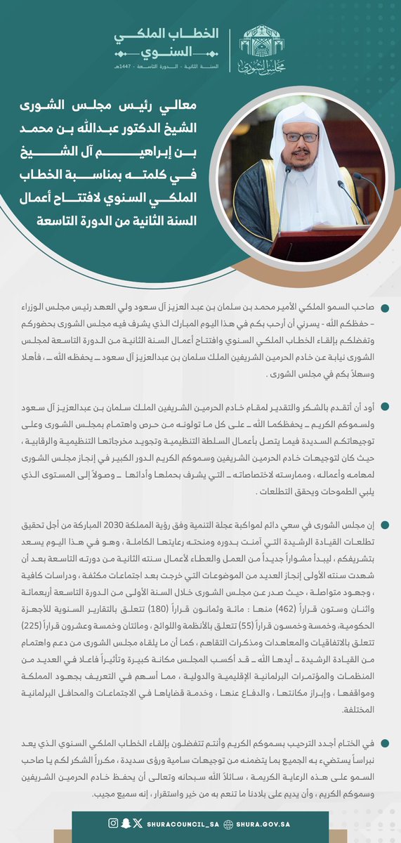 معالي رئيس مجلس الشورى الشيخ الدكتور عبدالله آل الشيخ في كلمته بمناسبة #الخطاب_الملكي السنوي لافتتاح أعمال السنة الثانية من الدورة التاسعة : المجلس في سعي دائم لمواكبة عجلة التنمية وفق رؤية السعودية 2030 من أجل تحقيق تطلعات القيادة التي آمنت بدوره ومنحته رعايتها الكاملة.