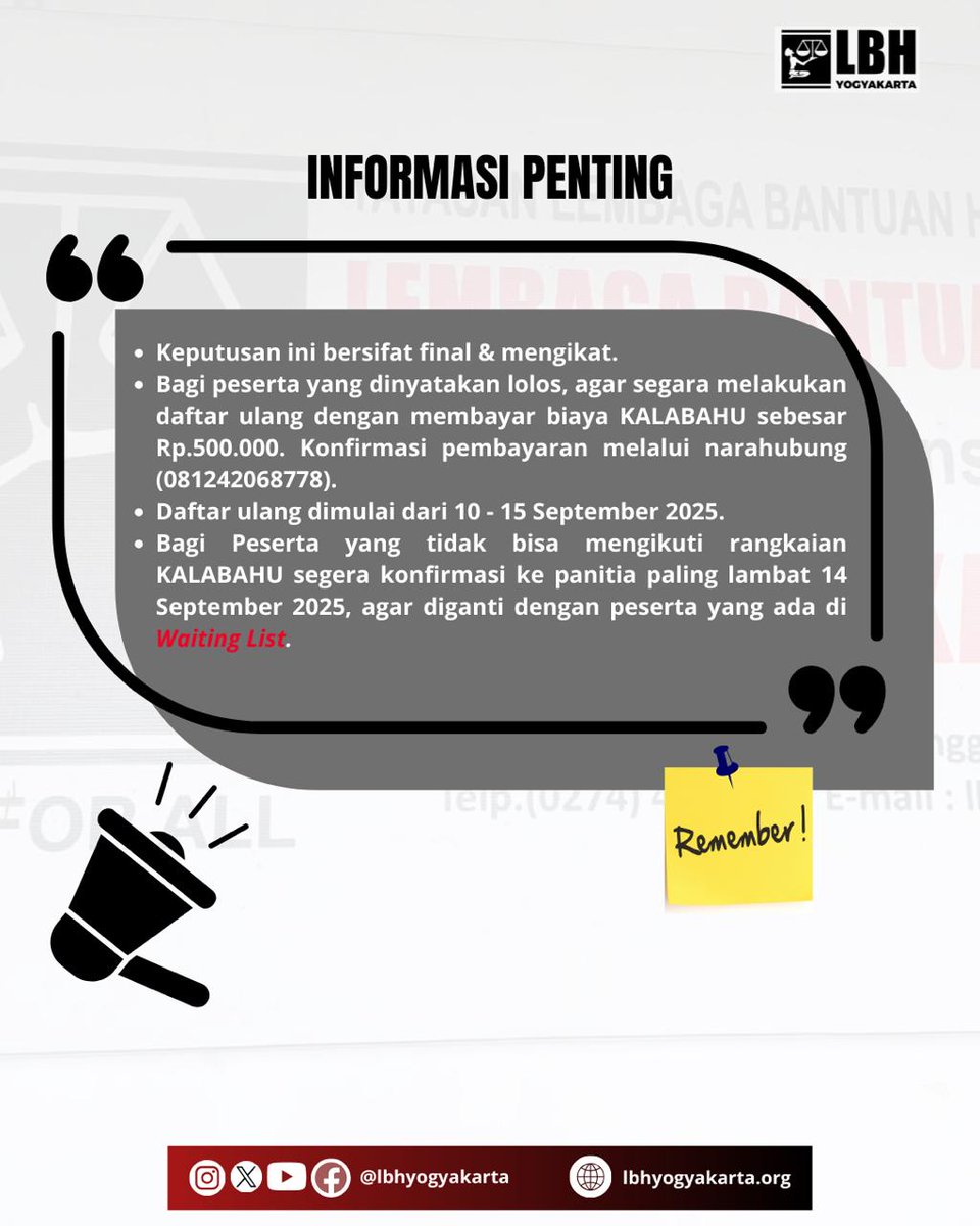 Pengumuman Hasil Seleksi Peserta KALABAHU 2025 LBH Yogyakarta

Selamat bagi peserta yang dinyatakan LOLOS dalam mengikuti rangkaian seleksi peserta KALABAHU mulai dari seleksi berkas, tes tulis &amp; tes wawancara. 

Selanjutnya silahkan menghubungi panitia/narahubung.