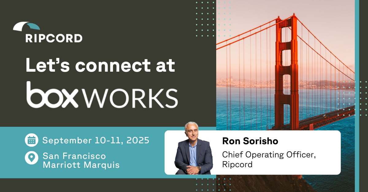 Ripcord (@getripcord) on Twitter photo Heading to #BoxWorks2025? 🌉 Catch Ripcord onsite September 10-11 in SF! 
Let's discuss how our AI-powered #Robotics turn paper into actionable digital content—supercharging your Box workflows. 🤖⚡
👋 Schedule a meeting: bit.ly/4gitxkl
#Digitization #DocumentScanning Heading to #BoxWorks2025? 🌉 Catch Ripcord onsite September 10-11 in SF! 
Let's discuss how our AI-powered #Robotics turn paper into actionable digital content—supercharging your Box workflows. 🤖⚡
👋 Schedule a meeting: bit.ly/4gitxkl
#Digitization #DocumentScanning