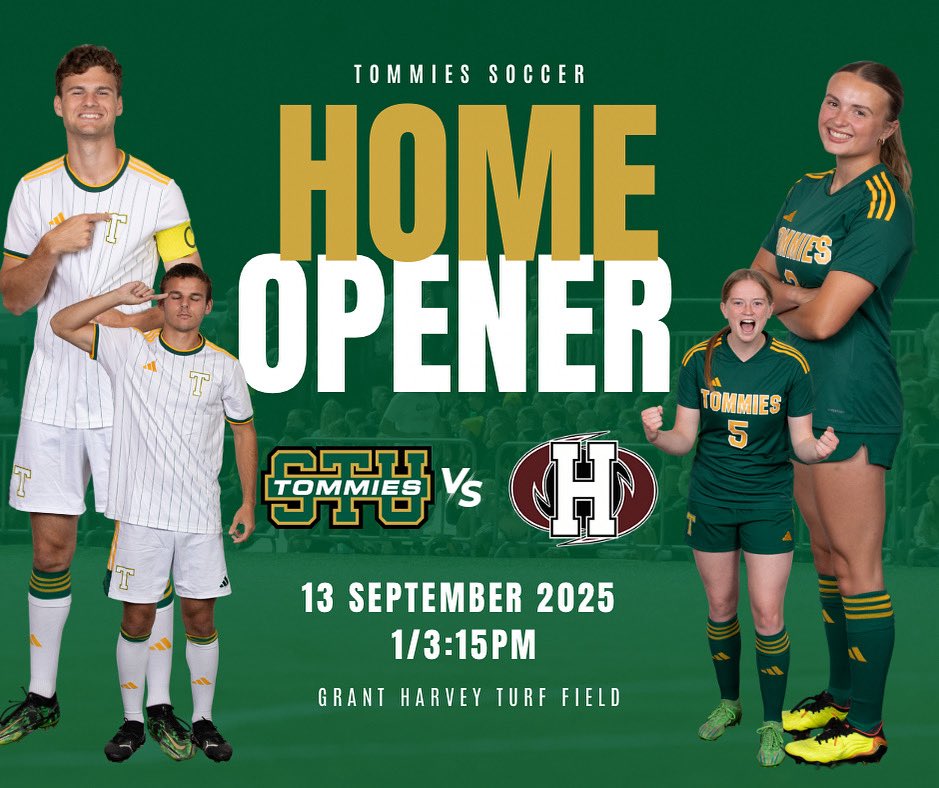It’s time!!!! After opening our season with wins on the road it’s time to join us at the Grant Harvey Turf this weekend for our soccer home opener🔥

⚽️ Tommies 🆚 Holland Hurricanes 
⏰ W 1:00PM / M 3:15PM 
📍GHT 

#GoTommies