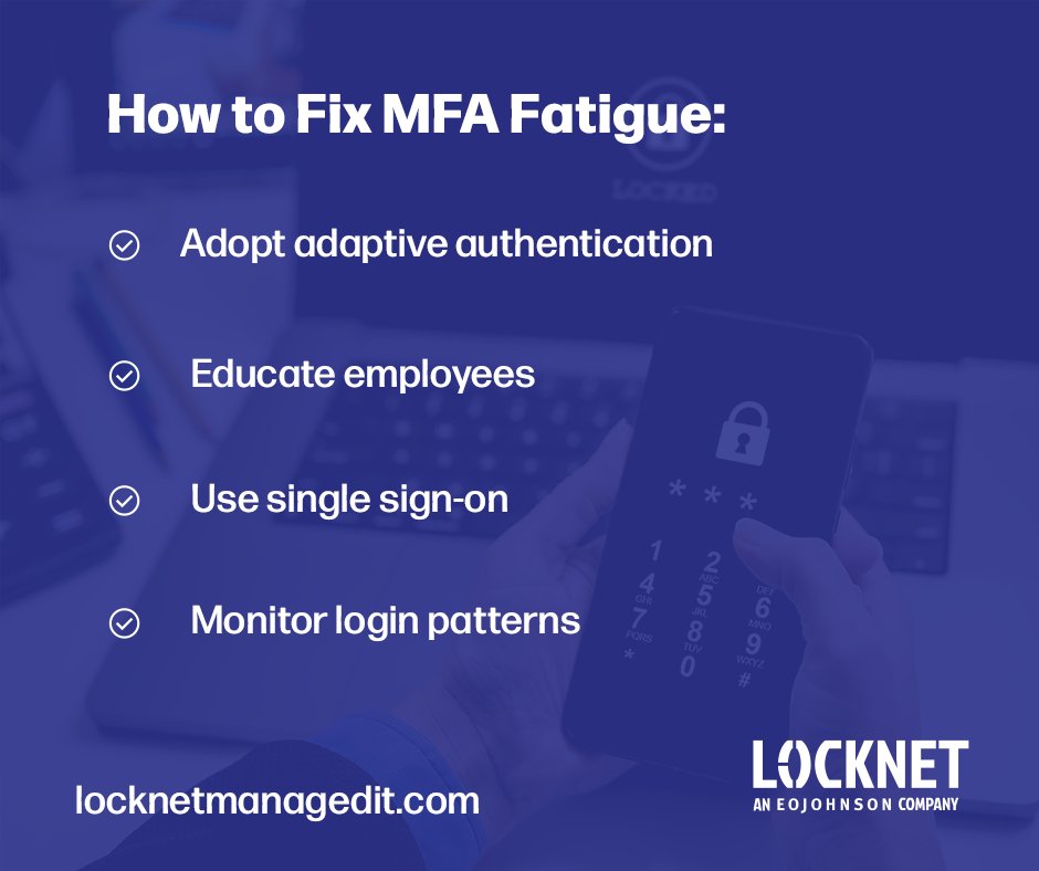 LocknetInc's tweet photo. MFA fatigue costs your business in more ways than you think – lost productivity, IT tickets, and higher risk of compromise. 

Dive deeper into best practices here: https://t.co/eIrmGBInh5 

#ContextualAuthentication #Cybersecurity #DigitalIdentity https://t.co/xmZqzq6NZy