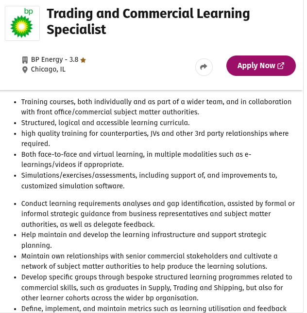 SpotMonthEnergy's tweet image. BP needs you #OOTT #RBOB #HO to be a Trading and Commercial Learning Specialist in order to help BP's refined products traders get excellent "training".