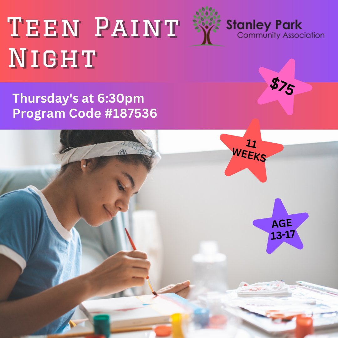 TEENS aged 13-17 are invited to join us for a weekly PAINT NIGHT. This program starts tomorrow (Sept 11) and runs for 11 weeks! Register online: ow.ly/KAHw50WSjTh
#KWAwesome #LocalEventsKitchener  #KitchenerWaterloo #PaintNight #TeenNight