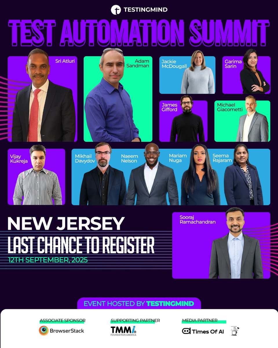 testingmindcon's tweet image. 🚨 Last chance! 🚨
Join us in New Jersey – Sept 12 for the Test Automation Summit.
✅ 10+ talks
✅ Inspiring keynotes (Sri Atluri, Adam Sandman)
✅ Featured leaders from Vanguard, RSM &amp;amp; more

🎟️ Register now 👉 linkedin.com/smart-links/AQ…

#Testingmind