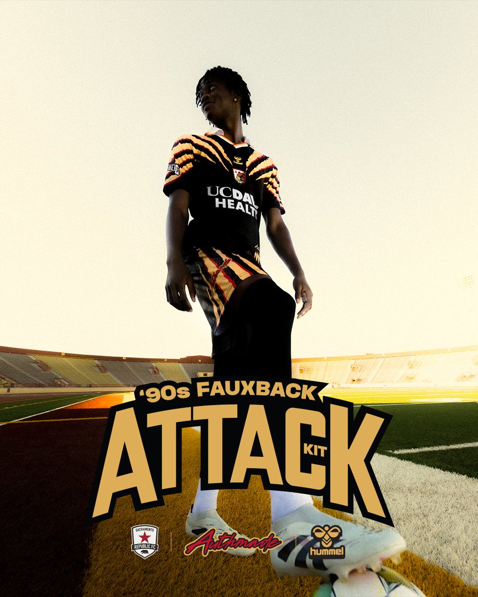 SacRepublicFC's tweet image. The Attack Kit is here ⚡️  

What if Republic FC had been running the West since ‘90s? That’s the question behind our new SRFC x Authmade x Hummel kit and collection. 

A bold reimagining of what Sacramento soccer could’ve looked like in the 90s.  This isn't a history lesson.…