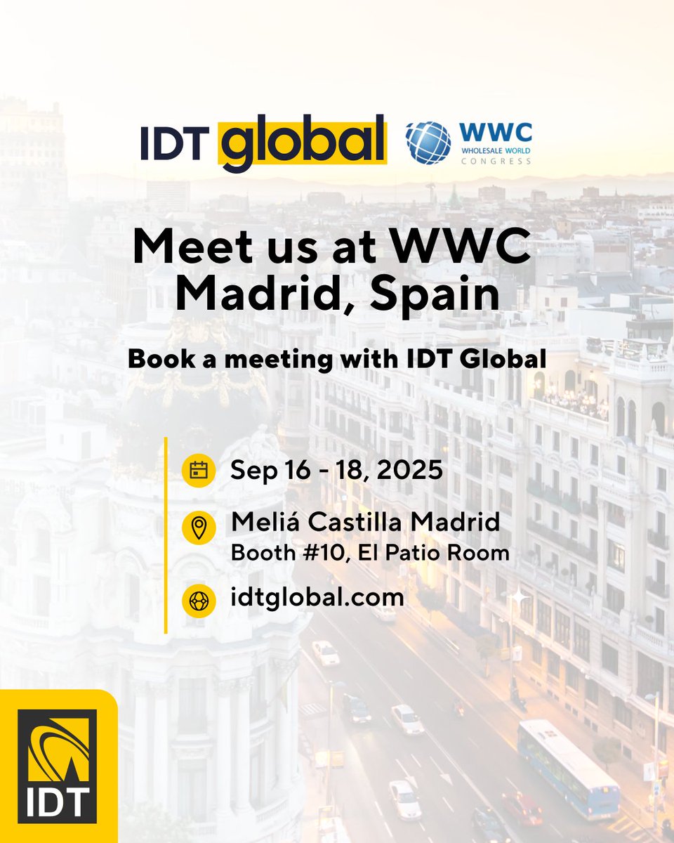 From September 16 to 18, the IDT Global team will be at WWC, engaging with partners and customers from around the world.

📍 Stop by Booth 10, El Patio Room

Discover the latest in voice, messaging, and managed services while building meaningful connections with industry leaders.
