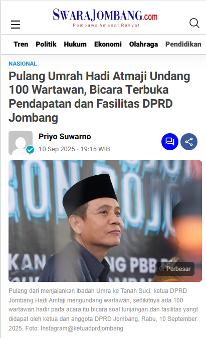 JombangSwara's tweet image. Pulang Umrah Hadi Atmaji Undang 100 Wartawan, Bicara Terbuka Pendapatan dan Fasilitas DPRD Jombang

baca selengkapnya di

swarajombang.com/pulang-umrah-h…

#dprd #tunjangan #dprdjombang #demo