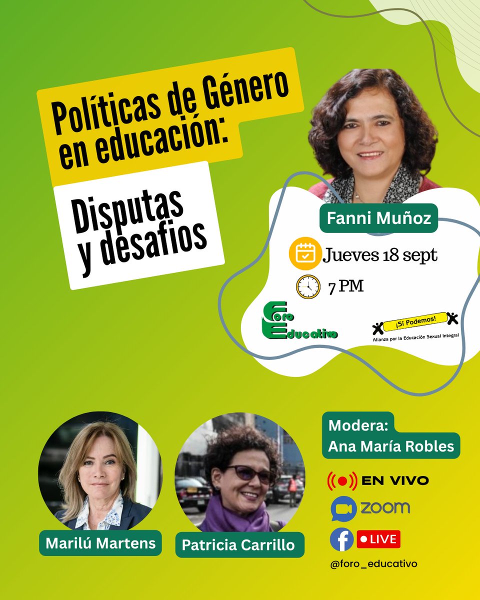 Foro Educativo/Alianza por la ESI Sí podemos – Conversatorio

📣 Te invitamos al conversatorio: “Políticas de Género en educación: Disputas y desafíos”, un espacio de diálogo para reflexionar sobre las disputas y retos que genera la implementación del enfoque de género en las