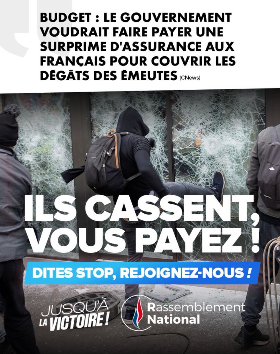 🚨 Pour rappel le gouvernement voulait mettre en place une surprime d’assurance spécial émeute.

🔴 Incapable de rétablir l'ordre, le gouvernement veut punir les Français honnêtes plutôt que les casseurs !

#CestNicolasQuiPaie