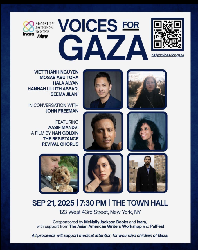 NYC: On Sunday, Sept. 21, join <a href="/TheDailyShow/">The Daily Show</a> alum <a href="/aasif/">aasif mandvi</a>, Pulitzer Prize winners <a href="/MosabAbuToha/">Mosab Abu Toha</a> and Viet Thanh Nguyen, author Hala Alyan, aid worker <a href="/SeemaJilani/">Seema Jilani</a> and very special guests for a night to benefit <a href="/IamArwaDamon/">Arwa Damon</a>'s aid group INARA. Tickets here: ticketmaster.com/voices-for-gaz…