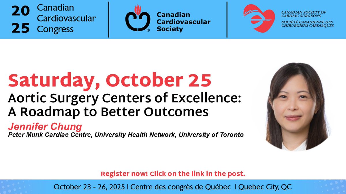 cscs_sccc's tweet image. Dr. @jenn_cy_chung, cardiac surgeon & associate professor at @UofT, will be speaking about aortic surgery and a roadmap to better outcomes. Register now at ccc2025.eventscribe.net to attend.
@cscs_sccc @SCC_CCS #CCC25 #CCCongress