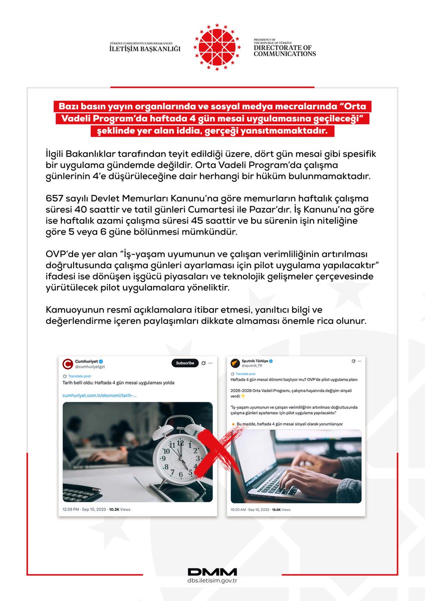 A logo with a red circular design featuring a white emblem at the top left. Two social media posts with text overlays, one showing a clock with a red X and another depicting hands on a keyboard. The text includes references to the Dezenformasyonla Mücadele Merkezi and official statements.