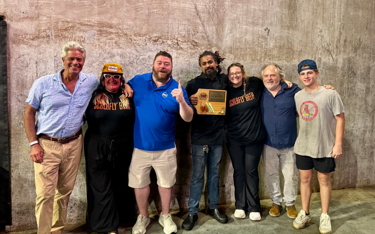 Schlafly's tweet photo. WE WON! 🏆🍗 @Schlafly competed in the 15th annual @UCPHeartland #WingDing and WON 1st place in the Dry Rub category.
Please give a GIGANTIC congratulations to Chef Vic, Sous Chef Hannah, and Kitchen Rockstar 🤘 Olley for bringing us home a trophy!
These guys just rocked a monumental week providing all the food at Art Outside 🎨 and then proceeded to beat out 8 other amazing St. Louis restaurants. They never competed before and we could not be prouder of them!
Come try #SchlaflyBottleworks 🍺 award-winning BBQ pickle 🥒 dry rub wings this week and let us know how much you love ❤️ them!