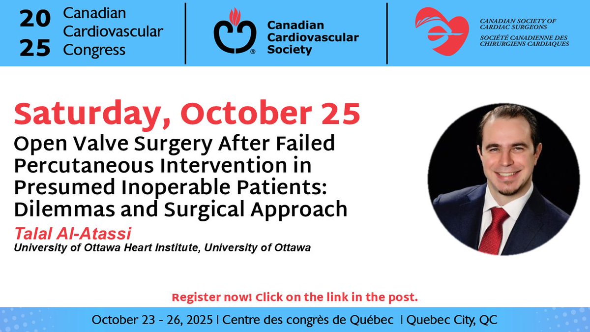 cscs_sccc's tweet image. Dr. Talal Al-Atassi, cardiac surgeon at @HeartInstitute, will talk about open valve surgery and the best approach in presumed inoperable patients. Register now at ccc2025.eventscribe.net to attend his talk!
@cscs_sccc @SCC_CCS #CCC25 #CCCongress
