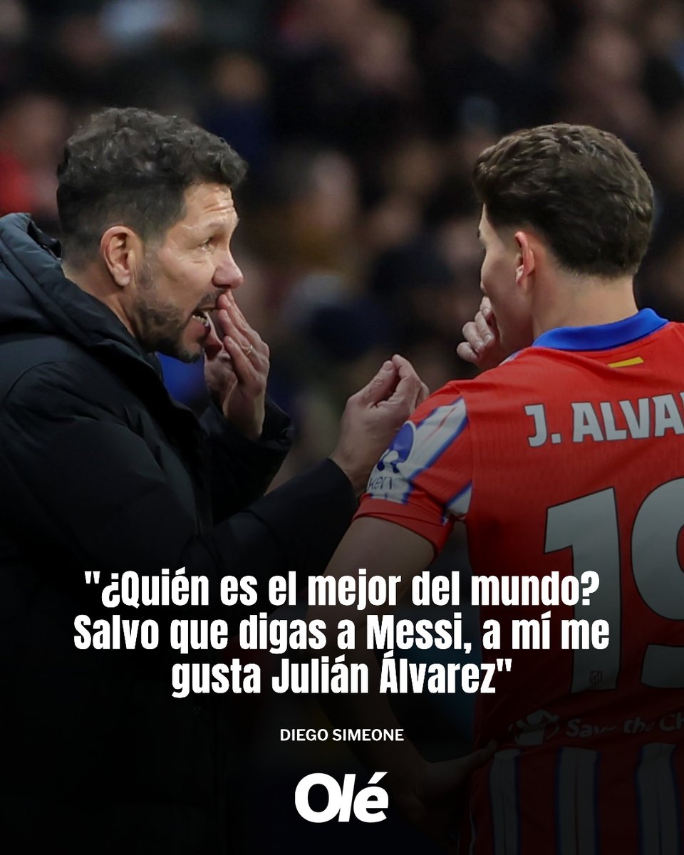 DiarioOle's tweet photo. - ¿Julián o Giuliano Simeone? Julián Álvarez.
- ¿Julián o Bellingham? Julián Álvarez.
- ¿Julián o Salah? Julián Álvarez.
- ¿Julián o Raphinha? Julián Álvarez.
- ¿Julián o Cole Palmer? Julián Álvarez.
- ¿Julián o Dembélé? Julián Álvarez.
- ¿Julián o Haaland? Julián Álvarez.
- ¿Julián o Vinicius? 100% Julián Álvarez.
- ¿Julián o Mbappé? Julián Álvarez. Salvo que digas a Messi, a mí me gusta Julián.

✍️ El Cholo Simeone en Partidazo COPE