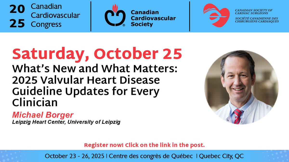 cscs_sccc's tweet image. In additon to his Wilfred Bigelow Lecture and Paul Cartier Award lecture, Dr. Michael Borger will also share updates on the valvular heart disease guideline. Register now at ccc2025.eventscribe.net to attend his sessions and more.
@cscs_sccc @SCC_CCS #CCC25 #CCCongress