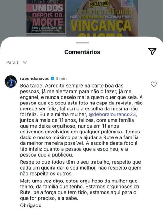 A screenshot of a social media post with text in Portuguese and English. The text includes comments from Rúben Neves addressing a controversy, mentioning his wife Débora Neves and Rute. An Instagram watermark is visible at the bottom.