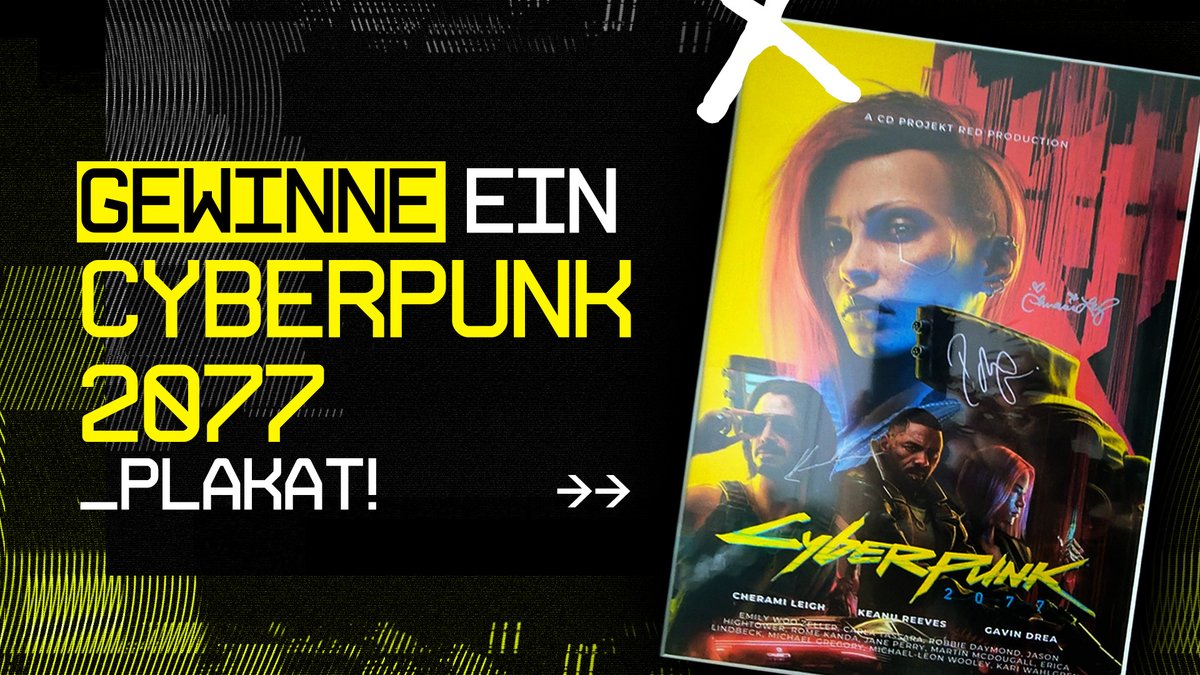 Hey Chooms, jetzt gibt es was echt cooles! Ich wurde von <a href="/rubbster74/">ru88st3r</a> gebeten dieses coole #Cyberpunk2077-Plakat zu verlosen, mit den Unterschriften von Cherami Leigh (synchro V), #IdrisElba u. #KeanuReeves. 

Was müsst ihr dafür tun? 
1. Folgt <a href="/wearecyberpunks/">CBRPNK.DE</a>!  
2. Liked und