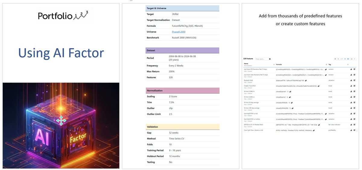 Portfolio123 (@p123finance) on Twitter photo This is a short visual overview of what it looks like to run AI Factor on Portfolio123. 
You do not need to know any programming languages or coding. The interface is flexible and customizable yet can be used with no prior knowledge of AI or machine learning.
AI training and This is a short visual overview of what it looks like to run AI Factor on Portfolio123. 
You do not need to know any programming languages or coding. The interface is flexible and customizable yet can be used with no prior knowledge of AI or machine learning.
AI training and