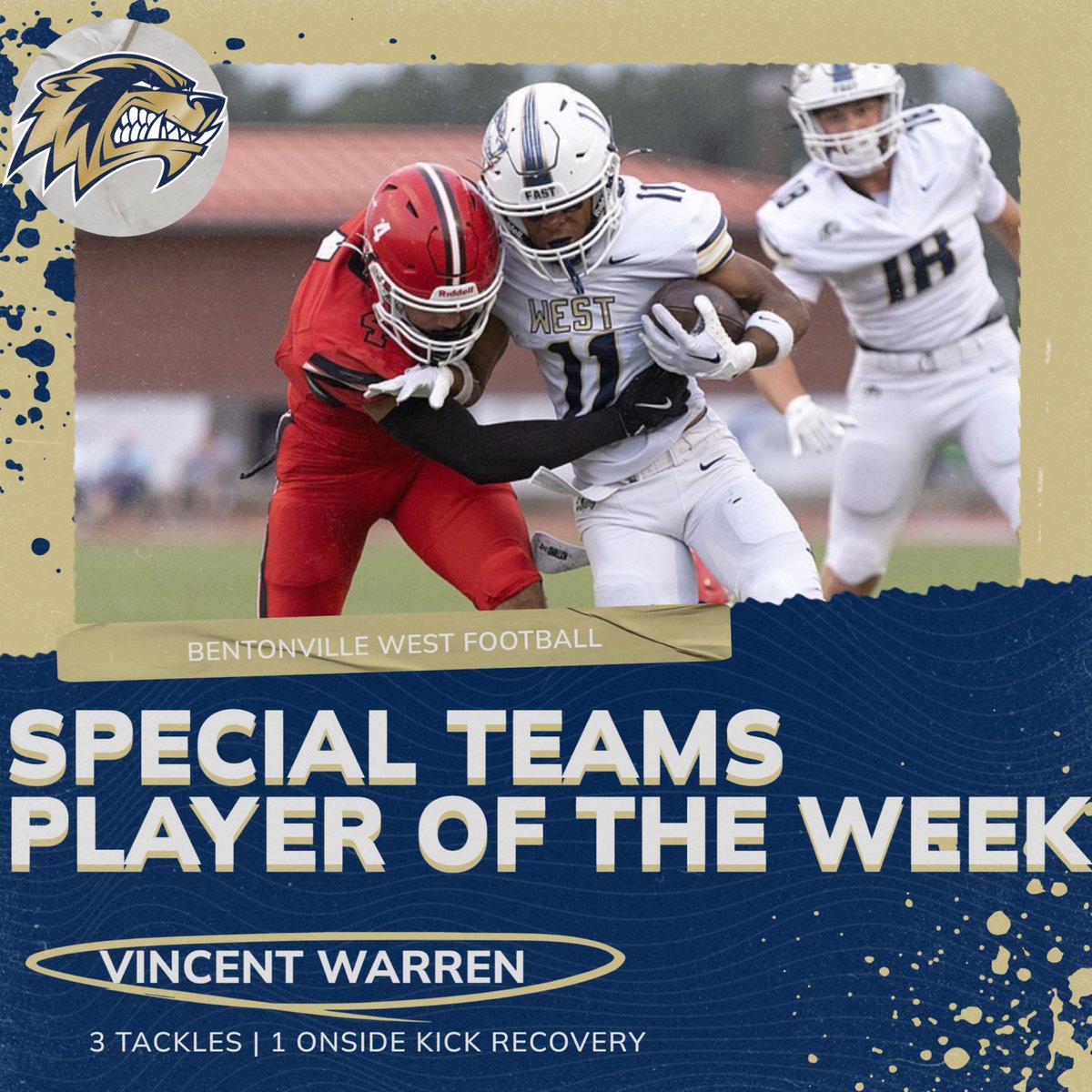 BVille_West_FB's tweet image. Varsity Special Teams POTW is VJ Warren.  VJ had 3 special teams tackles and recovered an onside kick!