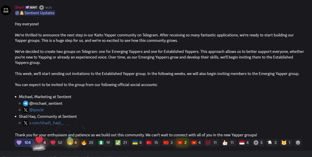 Update for the Sentient Community 
Big news: <a href="/SentientAGI/">Sentient</a>  is launching the next stage of Yapper groups on Telegram 

After receiving an amazing wave of applications, team decided to split the community into two levels:

 Emerging Yappers - for newcomers who are just starting
