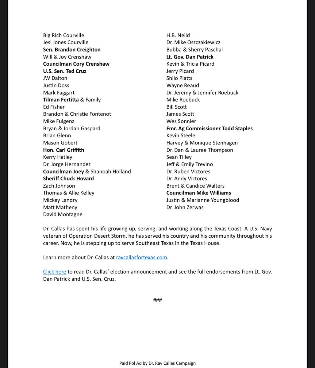 Inbox: <a href="/DocRayC/">Ray Callas</a> announces >80 endorsements for his HD 21 bid, now including <a href="/CreightonForTX/">Brandon Creighton</a>. #txlege