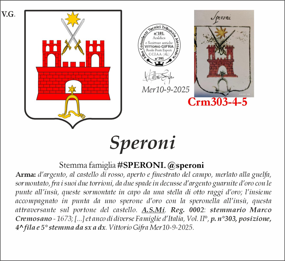 VGIFRA's tweet photo. Stemma famiglia #SPERONI. @speroni
Arma: d’argento, al castello di rosso, aperto e finestrato del campo, merlato alla guelfa, sormontato, fra i suoi due torrioni, da due spade in decusse d’argento guarnite d’oro con le punte all’insù, queste sormontate in capo da una stella di otto raggi d’oro; l’insieme accompagnato in punta da uno sperone d’oro con la speronella all’insù, questa  attraversante sul portone del castello. A.S.Mi. Reg. 0002: stemmario Marco Cremosano - 1673; [...] et anco di diverse Famiglie d’Italia, Vol. II°, p. n°303, posizione, 4^ fila e 5° stemma da sx a dx. Vittorio Gifra Mer10-9-2025.