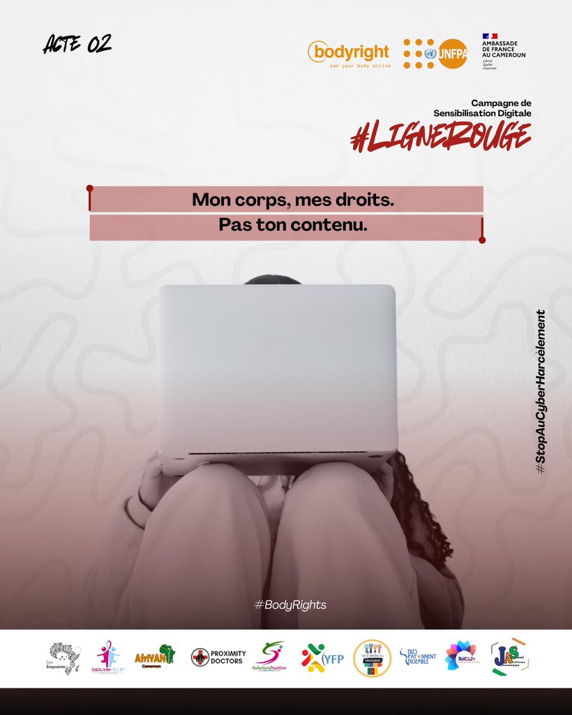 🔴 Mon corps m’appartient, mon image aussi.
Partager une photo intime sans consentement, ce n’est pas un jeu, c’est une violence.

#LigneRouge #StopCyberHarcelement #RespectEnLigne #ConsentementNumérique #MonCorpsMesDroits
@Bodyriht

@UNFPACameroun
@CentreODAS