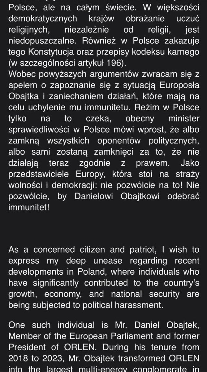 MariuszGierszew's tweet photo. Anonimowy apel w obronie Daniela Obajtka krąży po Parlamencie Europejskim. "Reżim w Polsce tylko na to czeka". Obajtek twierdzi, że rozsyłanie apelu zostało zainicjowane oddolnie przez obywateli. Więcej w podkaście W związku ze śledztwem.@RadioZET_NEWS
https://t.co/xm40snR1uw https://t.co/Cpg045qnoa