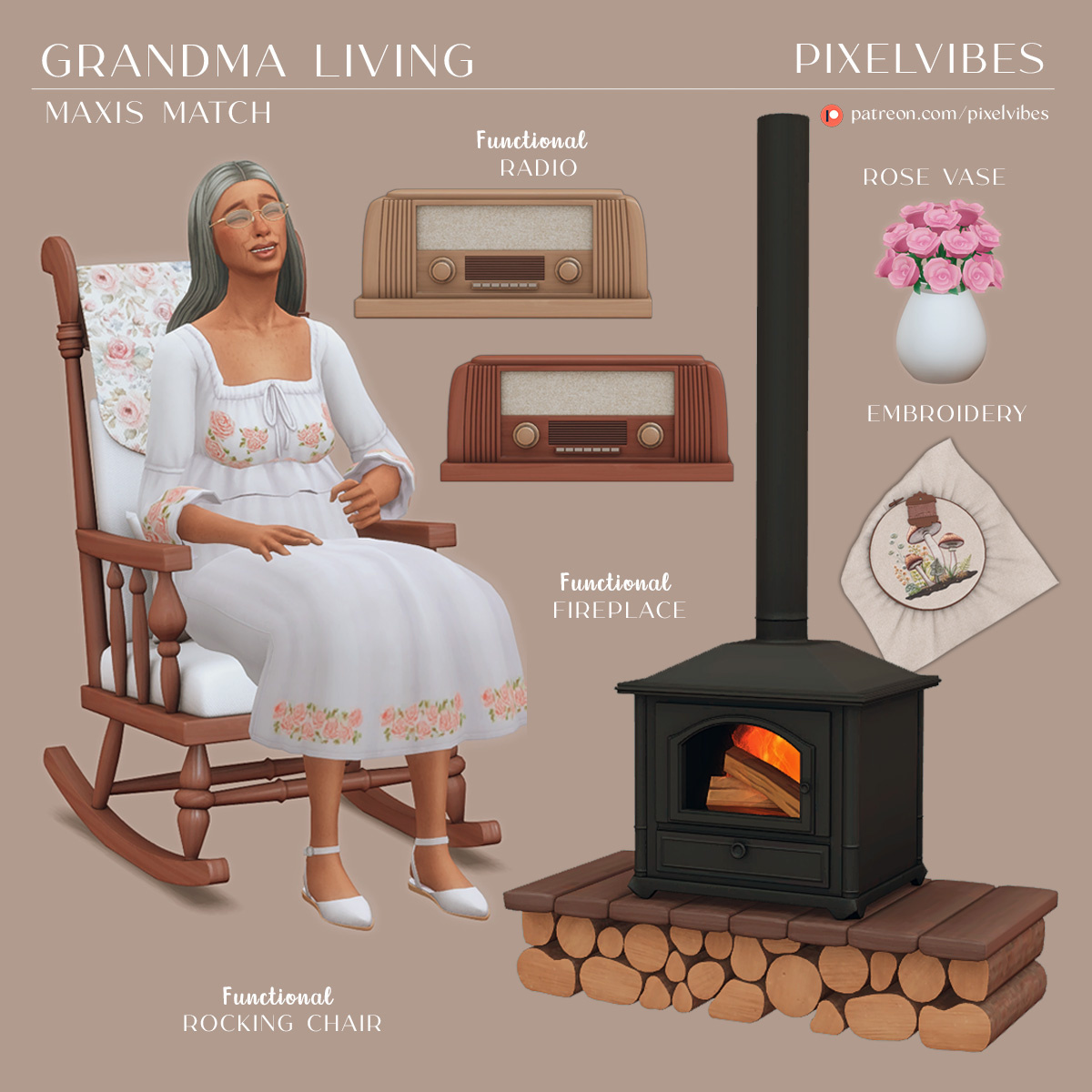 Grandma Living - patreon.com/pixelvibes #Sims4 #Sims4Cc #ts4cc #TS4 #TheSims4 #maxismatch #grandma #vintage #fireplace