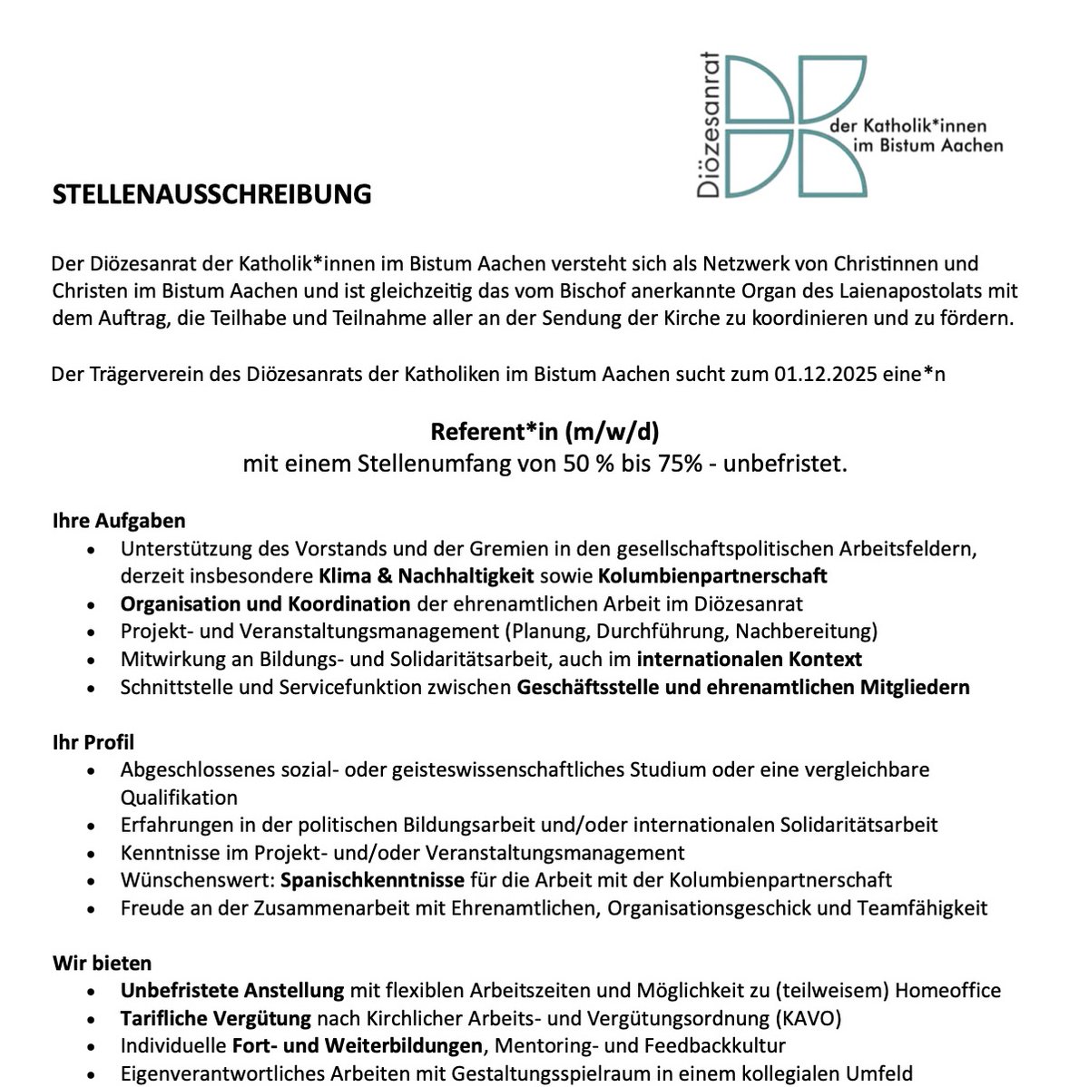 📣 Trägerverein des Diözesanrats der Katholiken im Bistum #Aachen sucht Referent*in (m/w/d) mit einem Stellenumfang von 50-75% - unbefristet 

📅 Frist: 30. September 2025

kultweet.de/jobs/ReferentI…

#Job #Stellenausschreibung #Sozialwissenschaften #Geisteswissenschaften