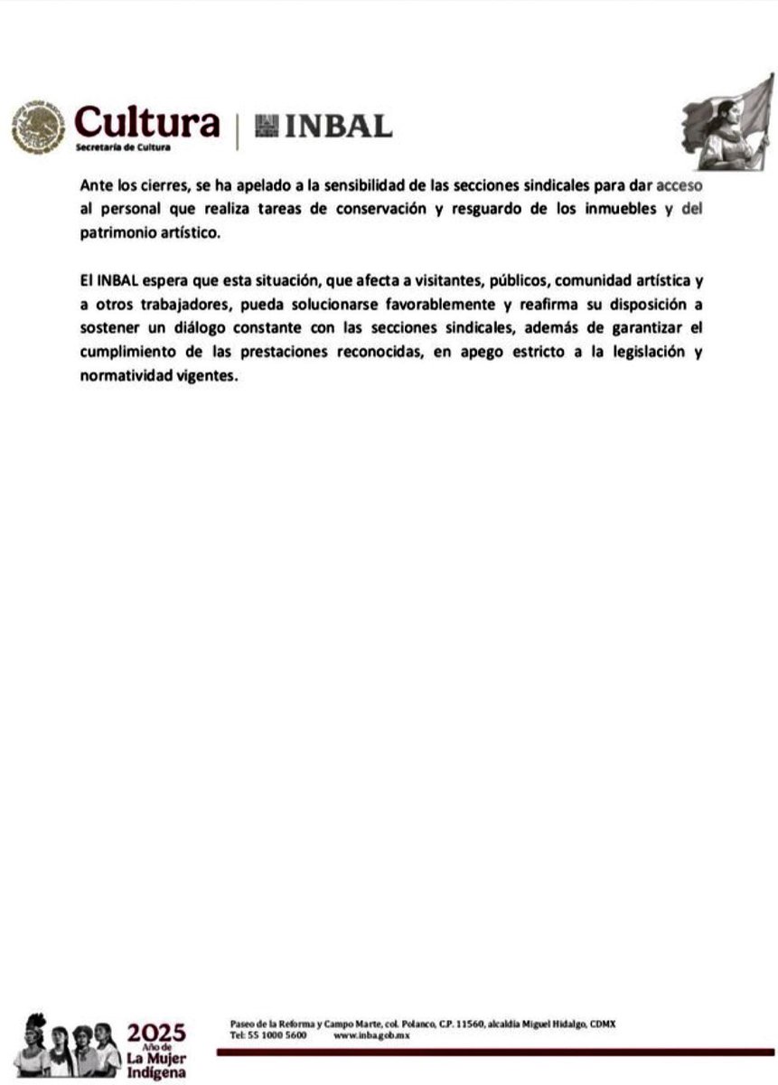El INBAL <a href="/bellasartesinba/">Instituto Nacional de Bellas Artes y Literatura</a> confirma que hoy continuará el paro de labores en los siguientes espacios culturales y administrativos: Teatro Orientación y Teatro de la Danza del CCB, Museo del Palacio de Bellas Artes, Munal, Museo de Arte Moderno, Museo Nacional de la Estampa, Ex