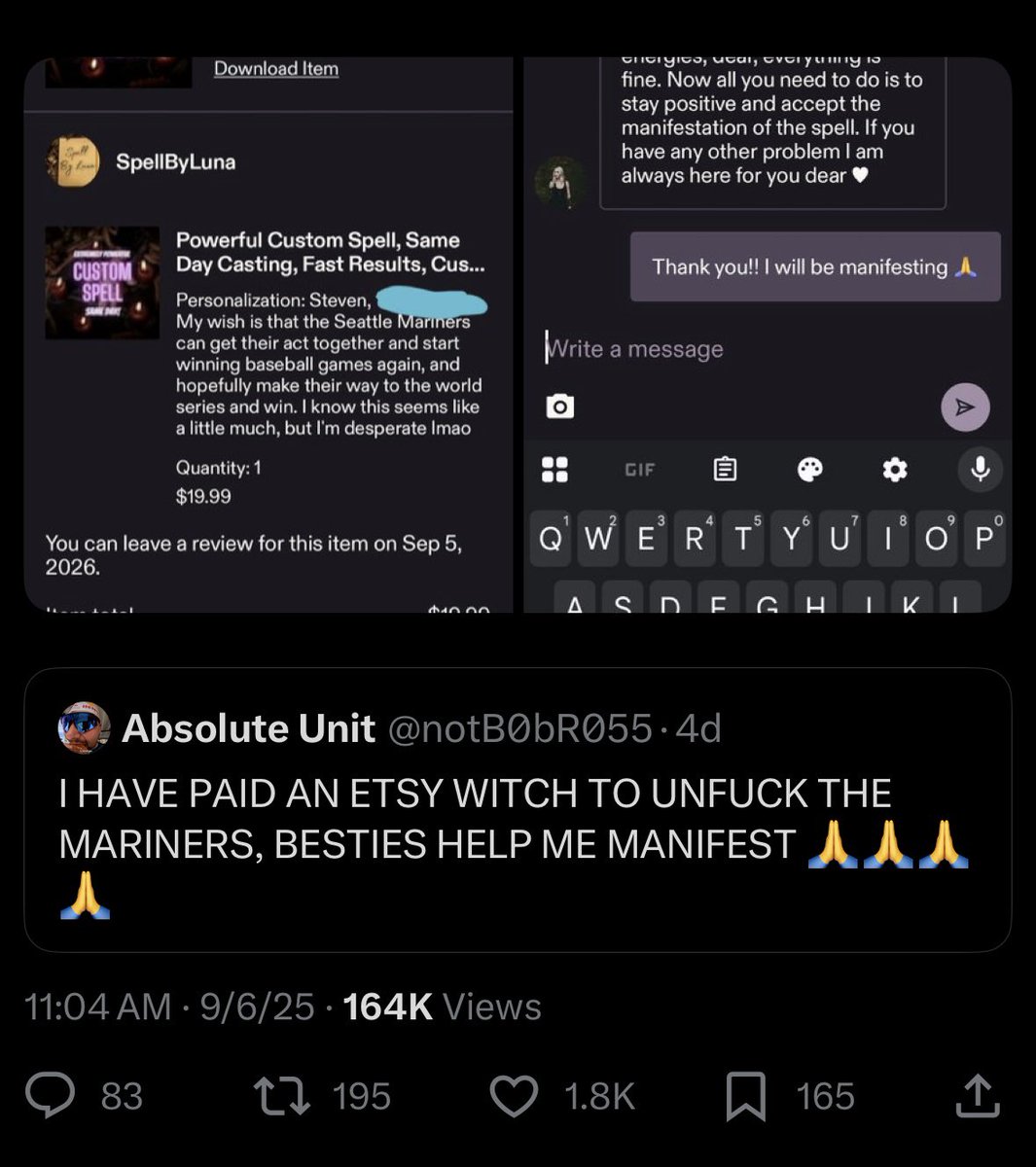 SleeperMLB's tweet photo. A few days ago - a Mariners fan paid an “Etsy Witch” to uncurse the team…

Since then the Mariners are:

4-0 
Outscoring opponents 37-9

Can’t make this stuff up 😂 https://t.co/ZcgehXI6f0
