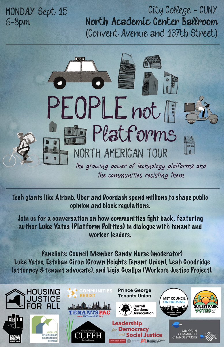 Are you a progressive organizer wanting to help build a strong movement against powerful tech platforms? Join CUFFH, <a href="/workersjusticep/">Workers Justice Project ✊🏾❤️</a> , <a href="/leahfrombklyn/">Leah Goodridge</a> , and the #tenantsnottourists coalition for a book talk and panel this Monday on platform politics and how to resist them!